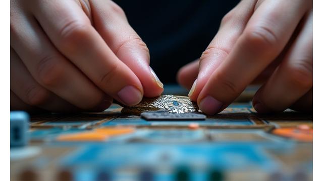 Close-up of hands examining board game components intently on a table
