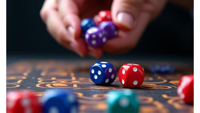 Close-up of a hand rolling colorful, sharp-edged gaming dice onto a textured game board