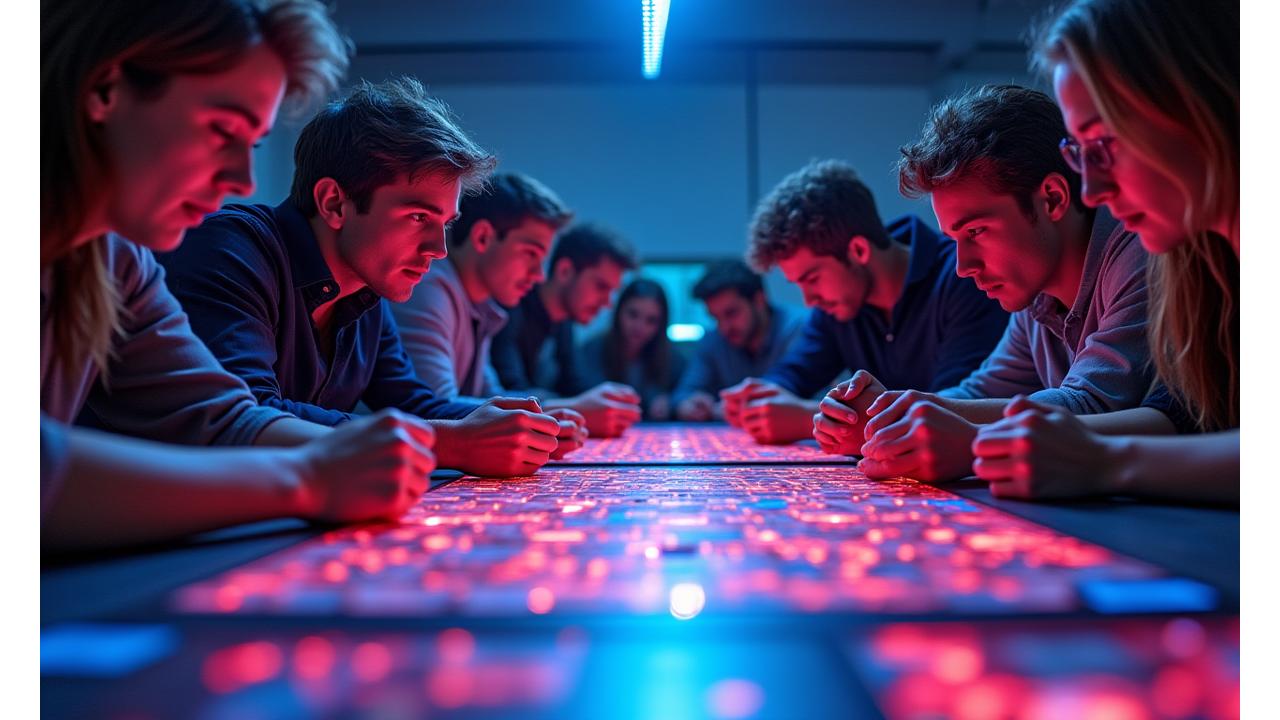 Group of friends intensely playing a modern board game, high energy, vibrant colors, close up on game board