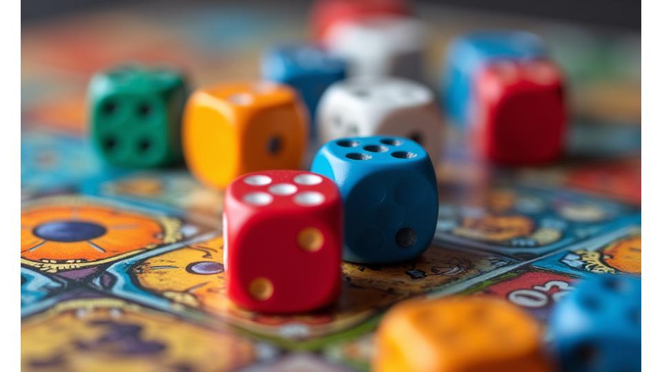 A collection of standard six-sided dice and custom dice with unique symbols, specifically designed for various modern board games, laid out on a game board.