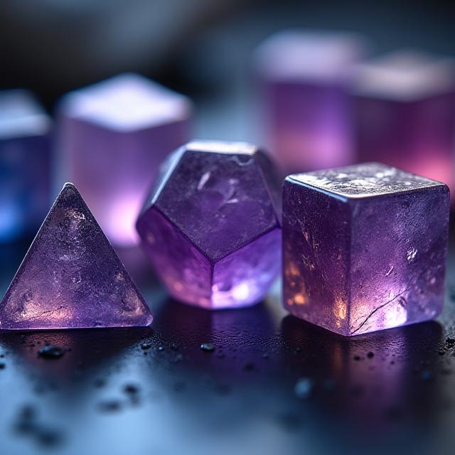Translucent, polished gemstone polyhedral dice set, like amethyst or quartz, glowing subtly.