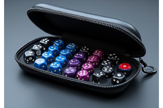 A sleek, zippered dice case with compartments, holding multiple sets of polyhedral dice.